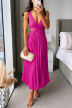 Women's Elegant Midi Dress - Pleated V-Neck Dress