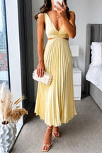 Women's Elegant Midi Dress - Pleated V-Neck Dress