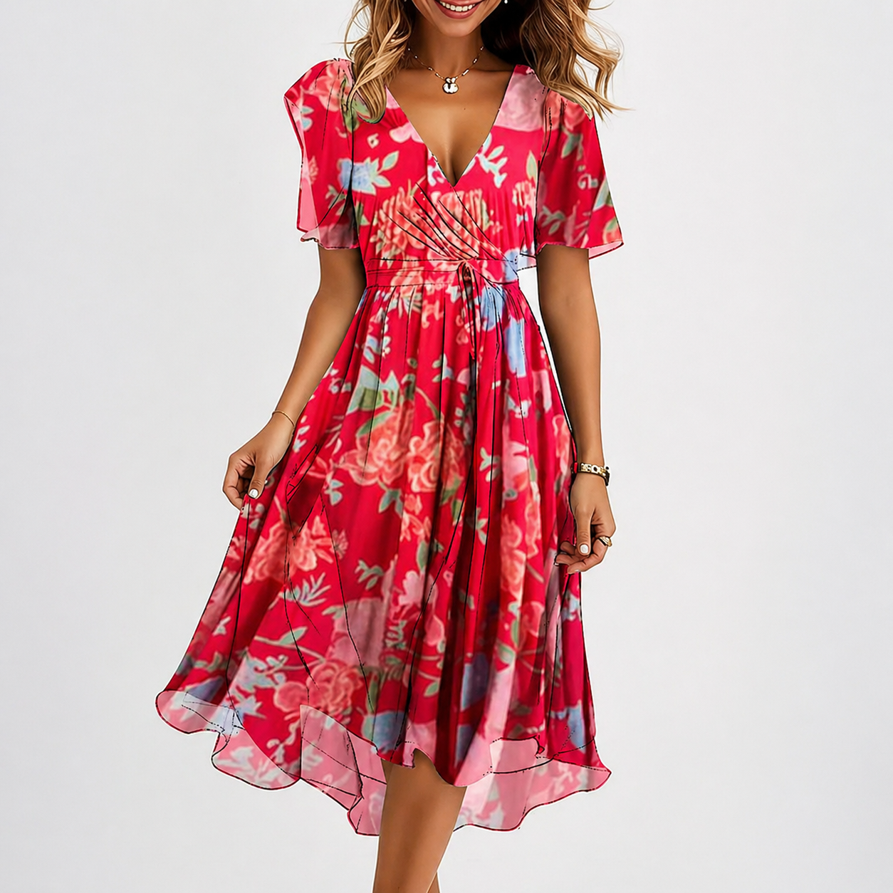 Women's V-Neck Wrap Midi Dress - Short Sleeve Summer Dress