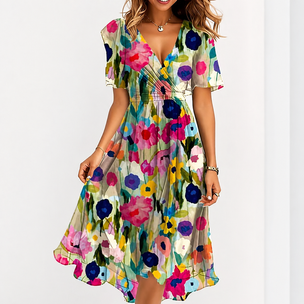 Women's V-Neck Wrap Midi Dress - Short Sleeve Summer Dress