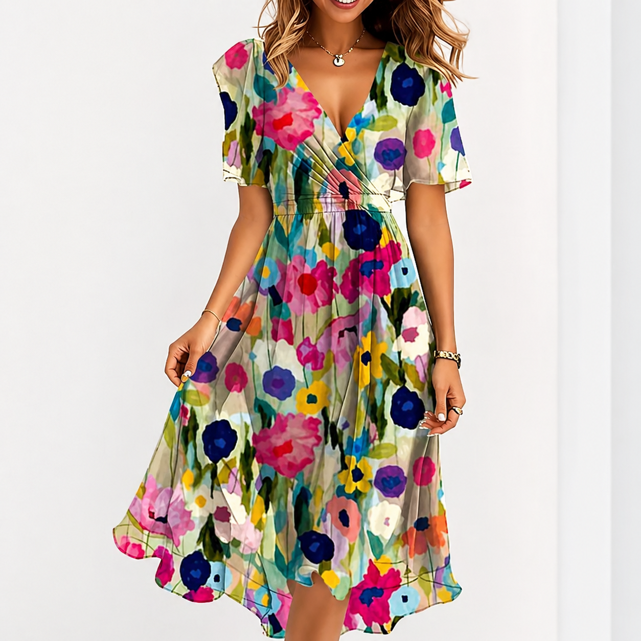 Women's V-Neck Wrap Midi Dress - Short Sleeve Summer Dress