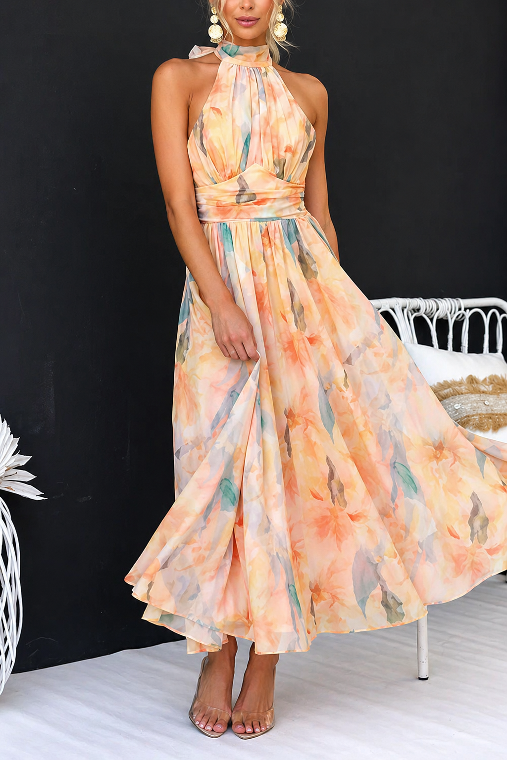 Women's Watercolour Maxi Dress - Halter Neck Sleeveless Summer Outfit