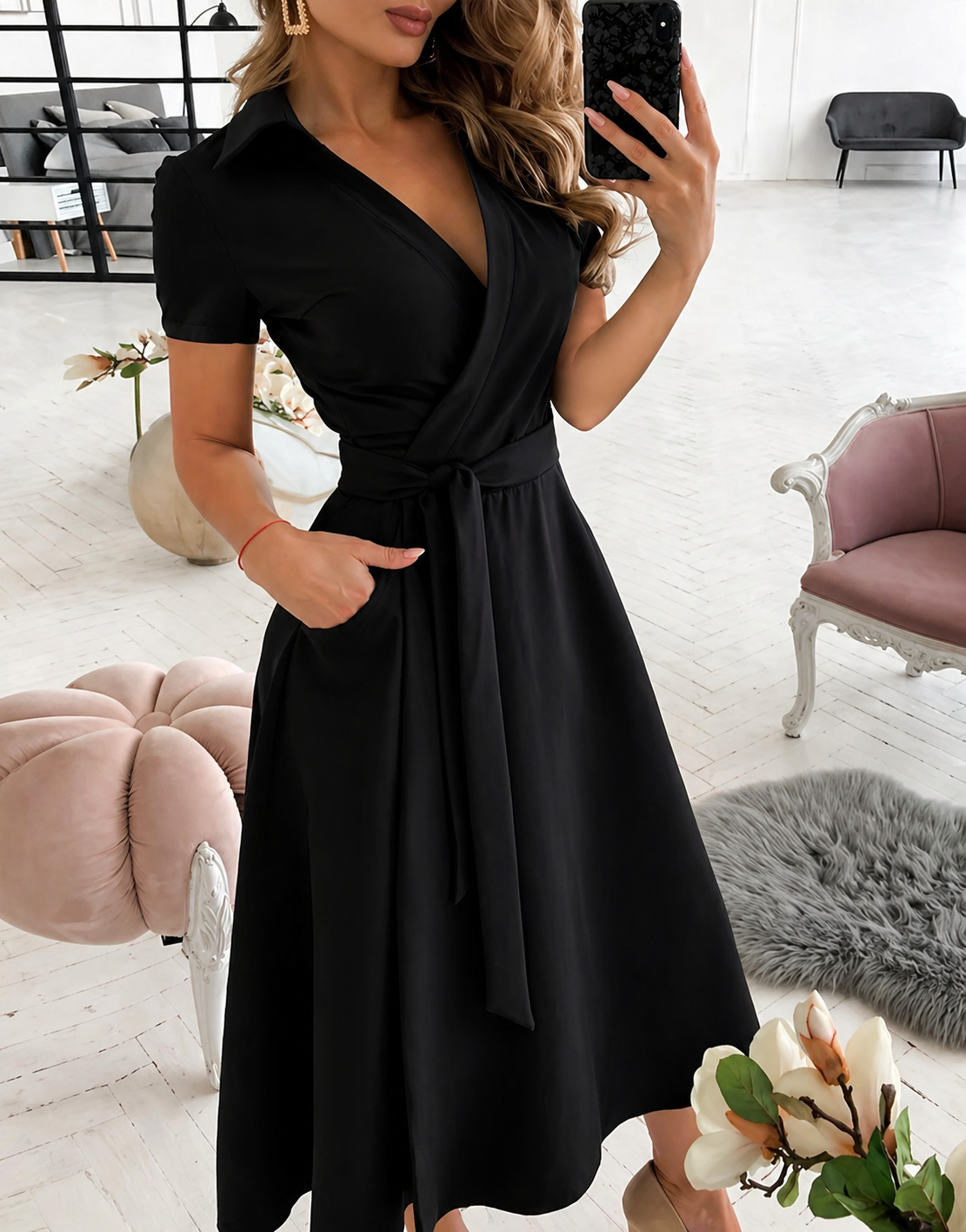 Women's Stylish Wrap Dress - Short Sleeve Collar V-Neck