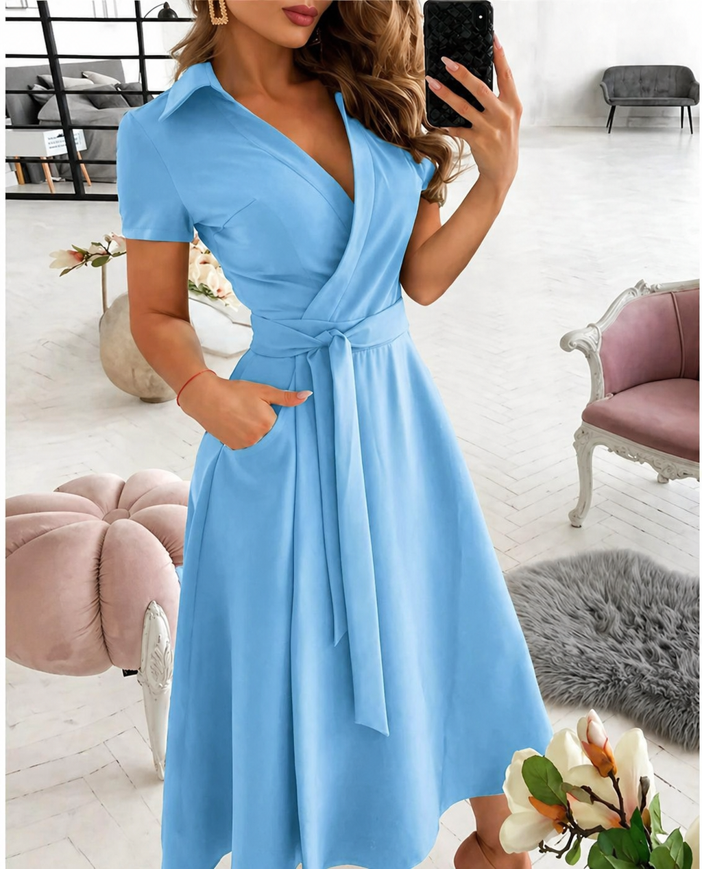 Women's Stylish Wrap Dress - Short Sleeve Collar V-Neck