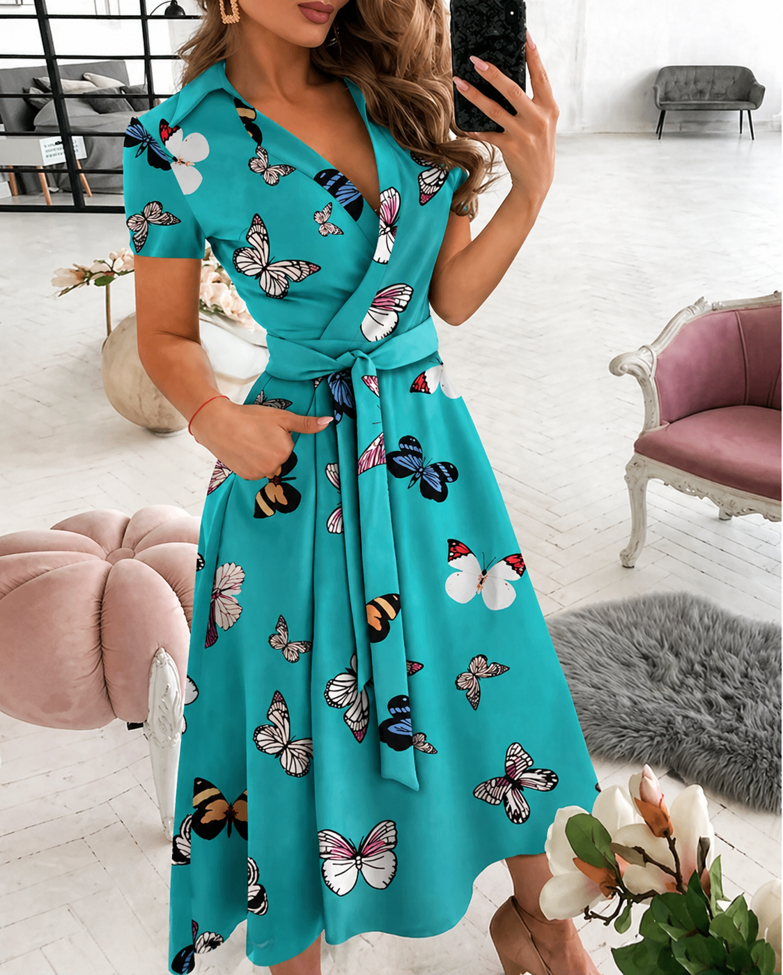 Women's Stylish Wrap Dress - Short Sleeve Collar V-Neck