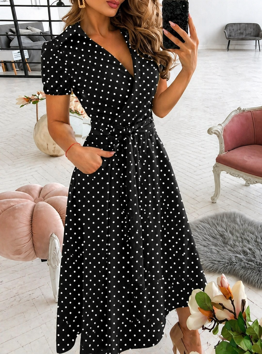 Women's Stylish Wrap Dress - Short Sleeve Collar V-Neck