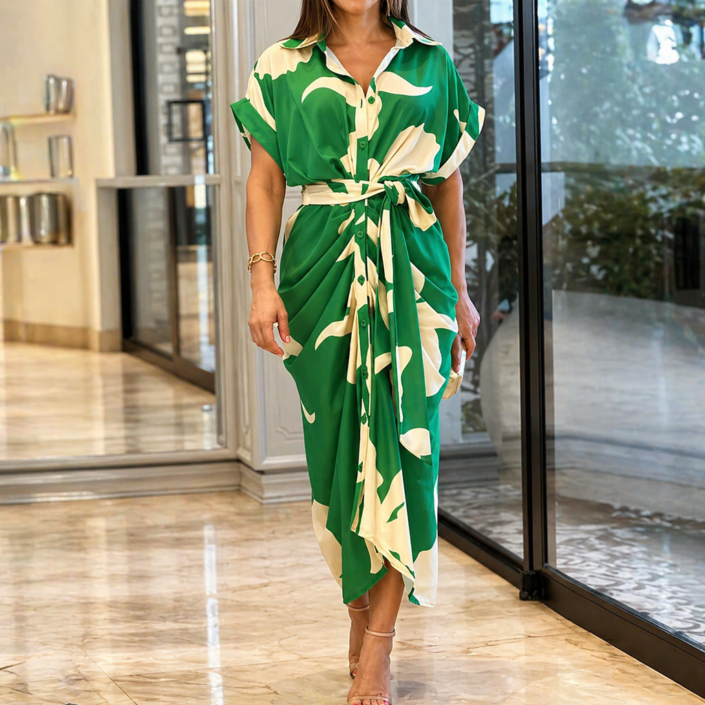 Women's Summer Drape Dress - Button Down Collar Belted Midi Dress