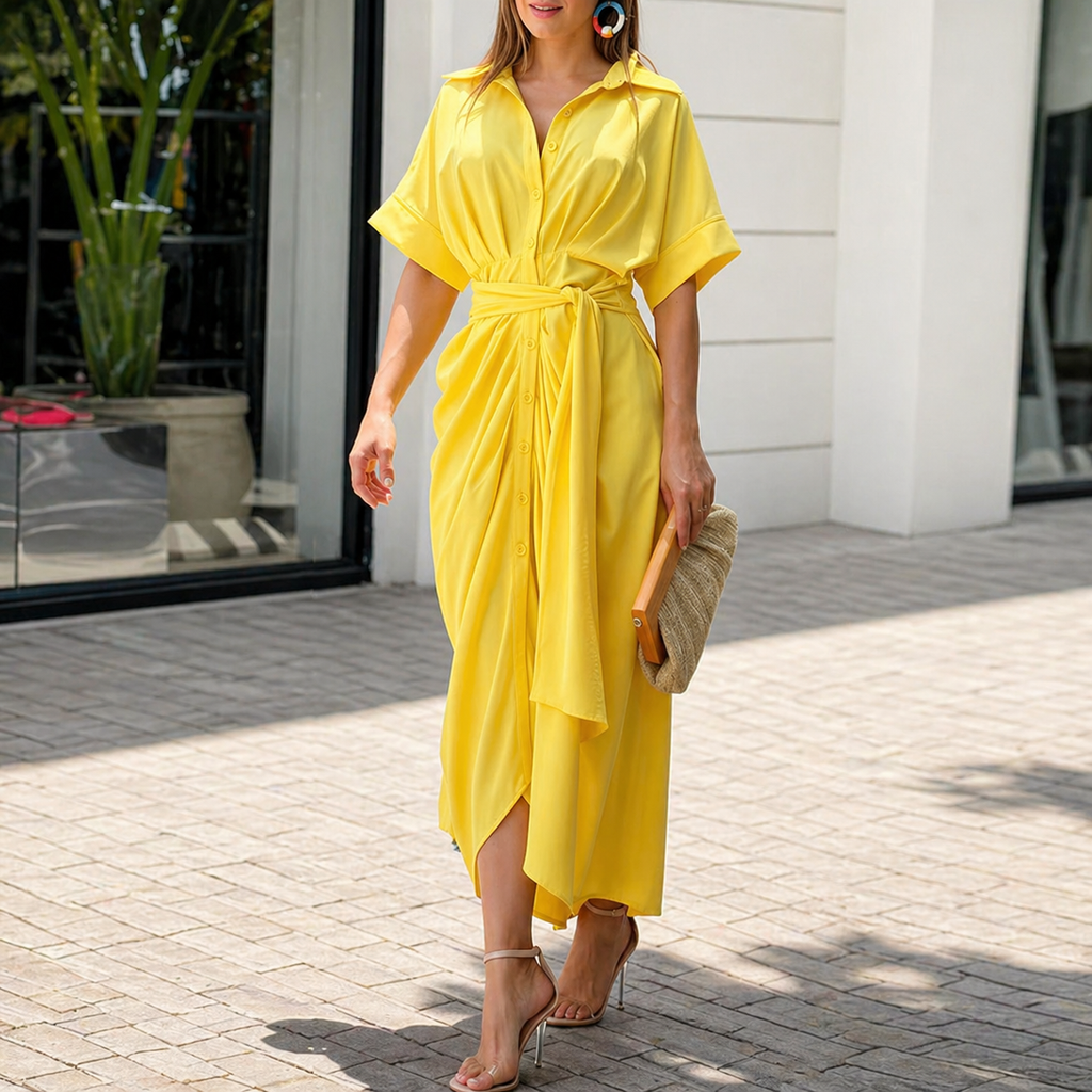 Women's Summer Drape Dress - Button Down Collar Belted Midi Dress