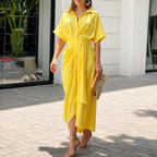 Women's Summer Drape Dress - Button Down Collar Belted Midi Dress