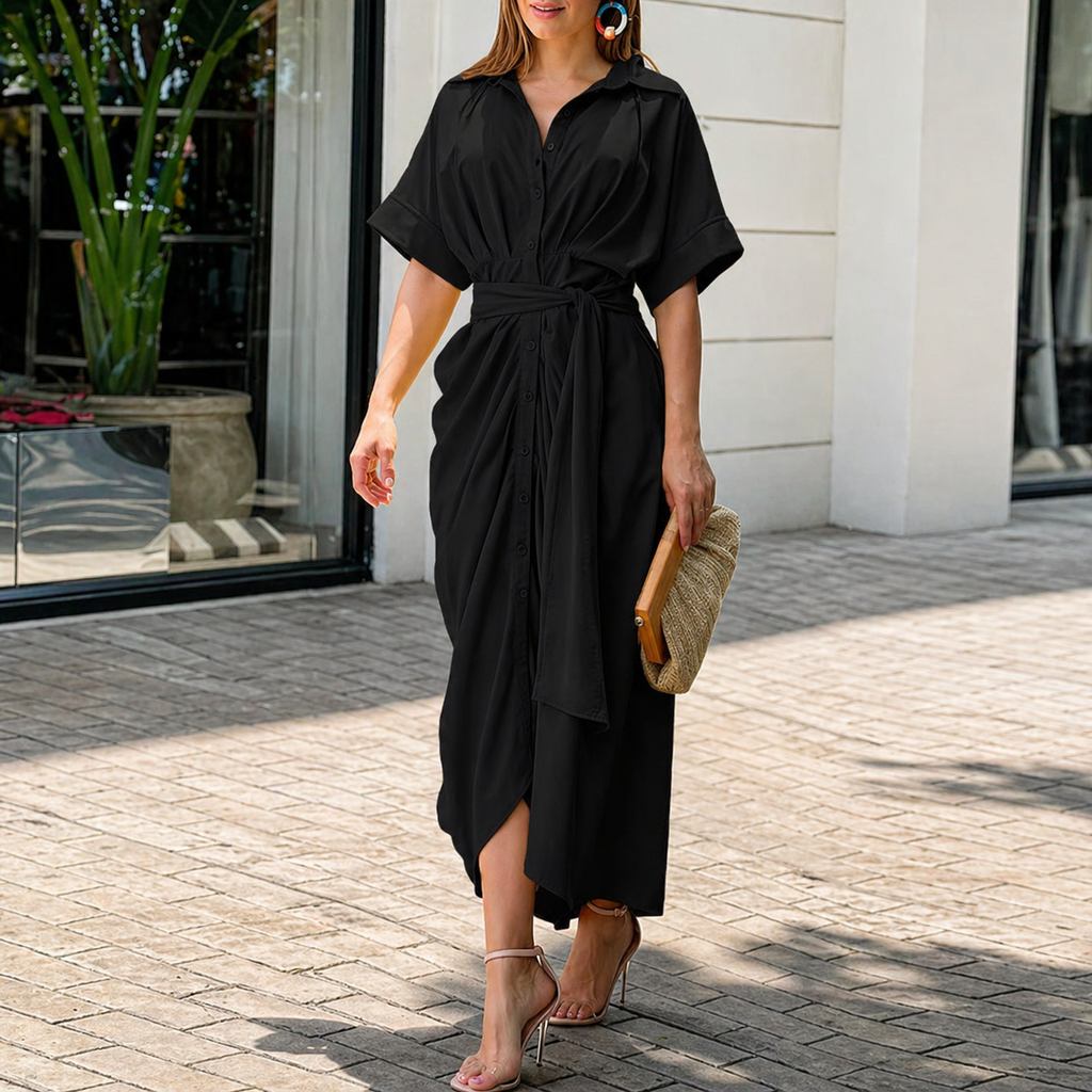 Women's Summer Drape Dress - Button Down Collar Belted Midi Dress