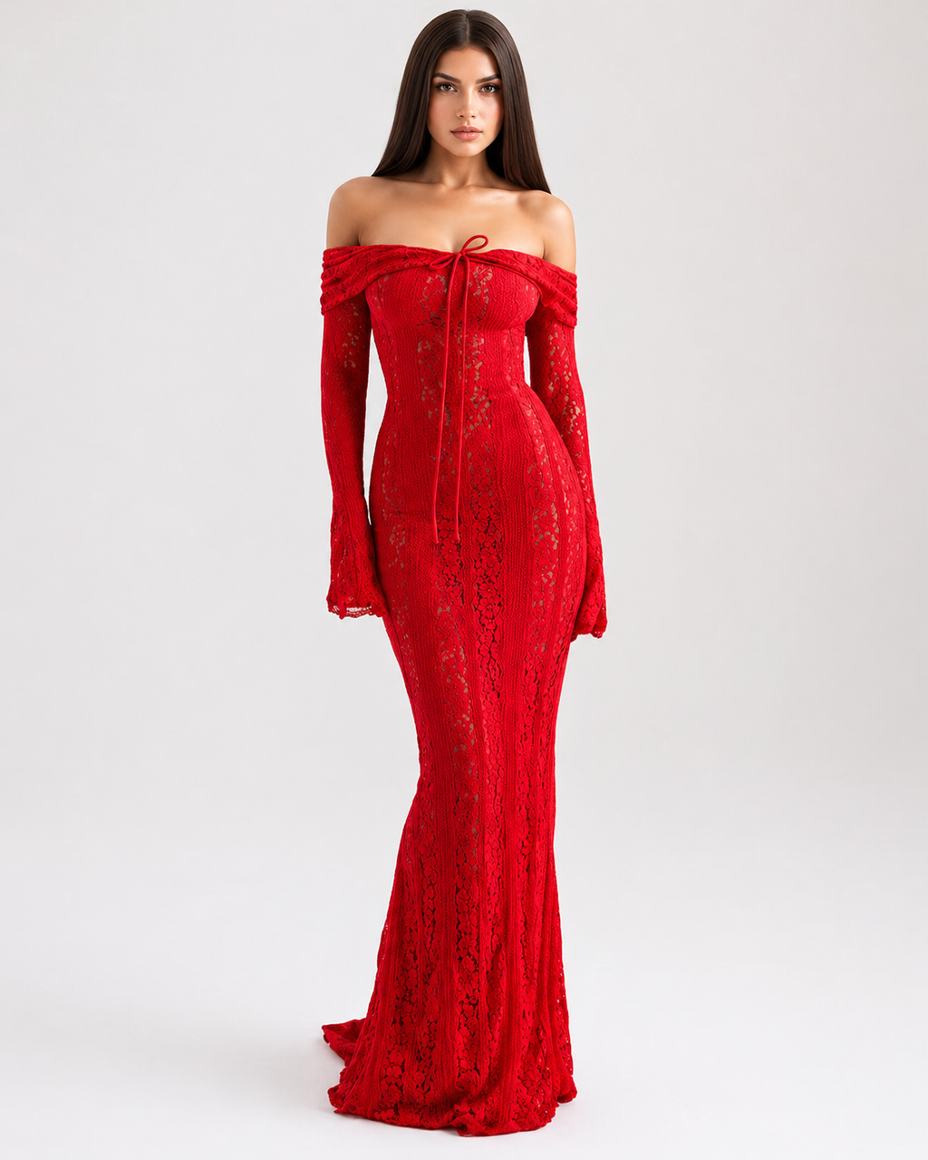 Women’s Off Shoulder Wedding Guest Dress - Long Sleeve Lace Maxi Dress