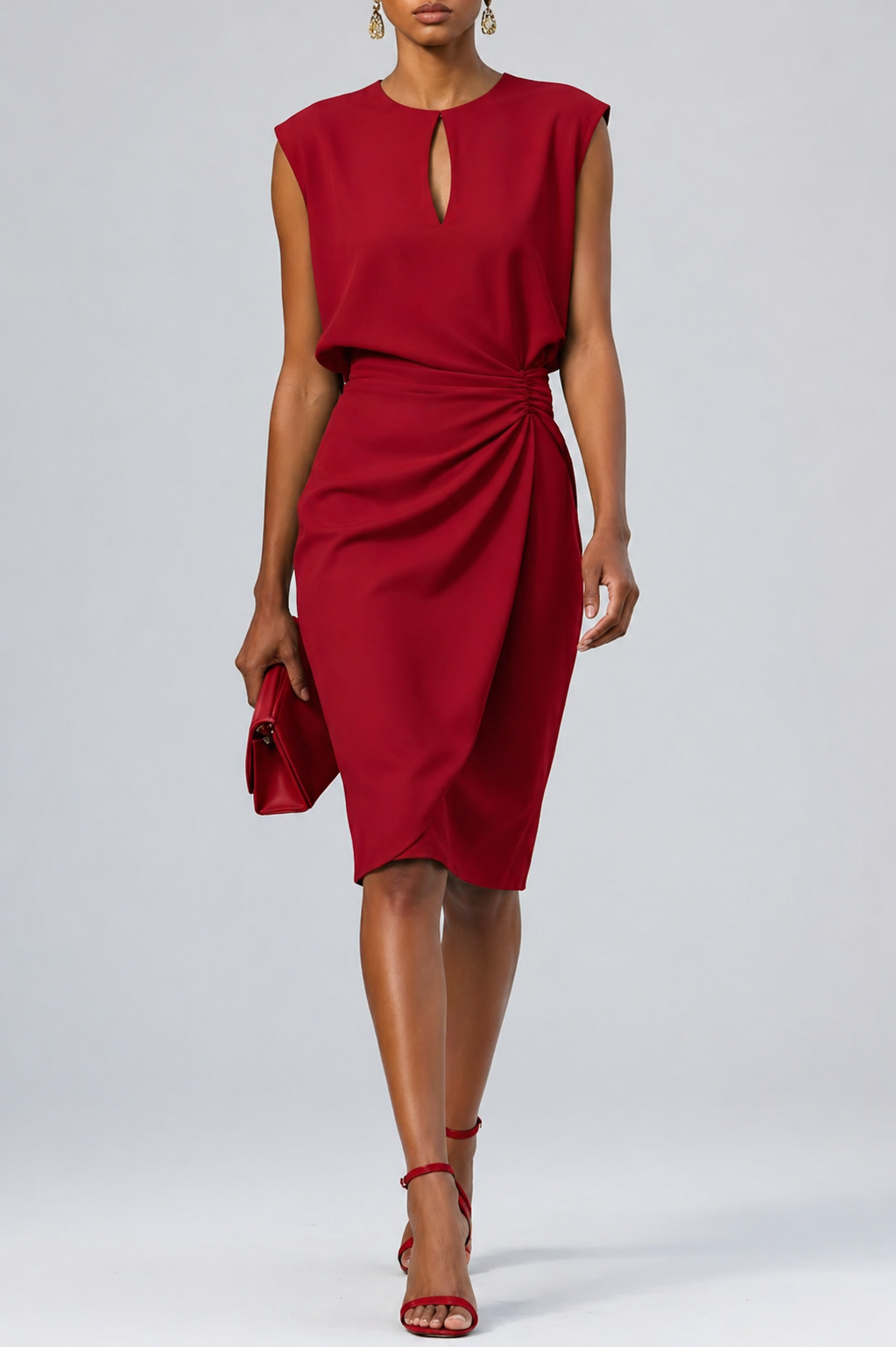 Women’s Keyhole Neck Midi Dress –  Cocktail  Ruched Waist Wedding Guest Style