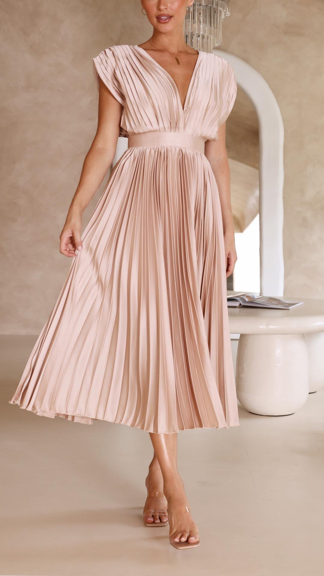Women's Elegant Maxi Summer Dress - V-neckline With Pleated Design