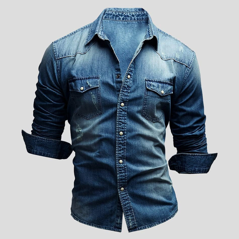 Men’s Vintage Denim Shirt – Long Sleeve Button Down Collar