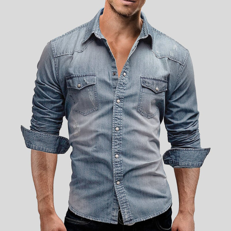Men’s Vintage Denim Shirt – Long Sleeve Button Down Collar