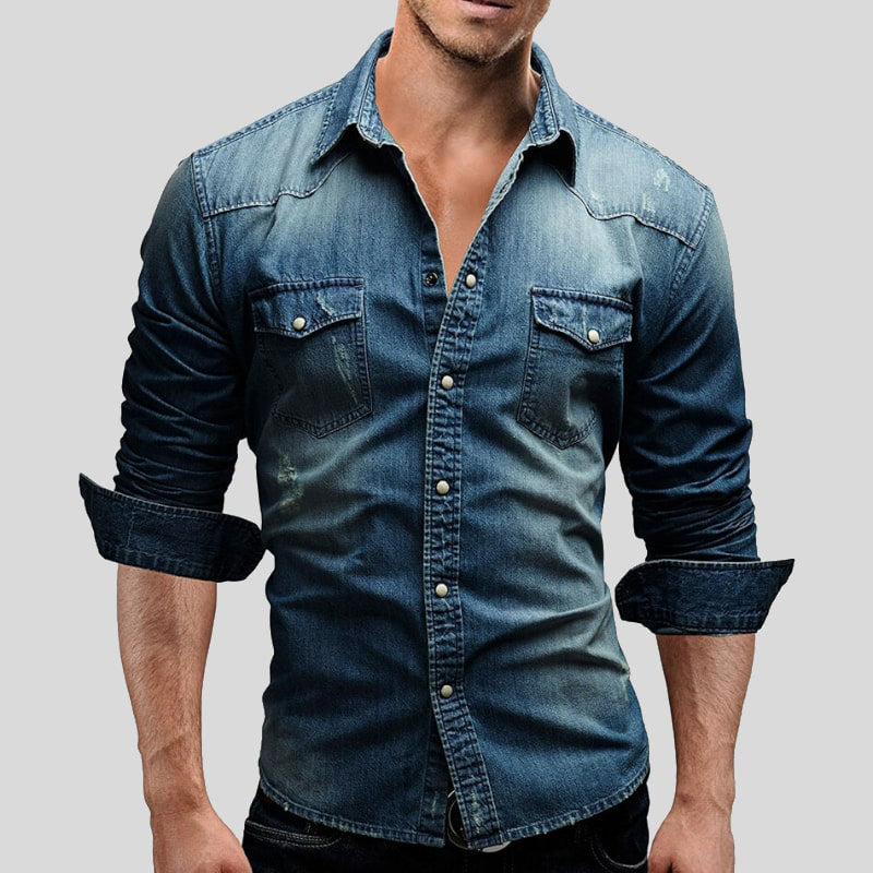 Men’s Vintage Denim Shirt – Long Sleeve Button Down Collar