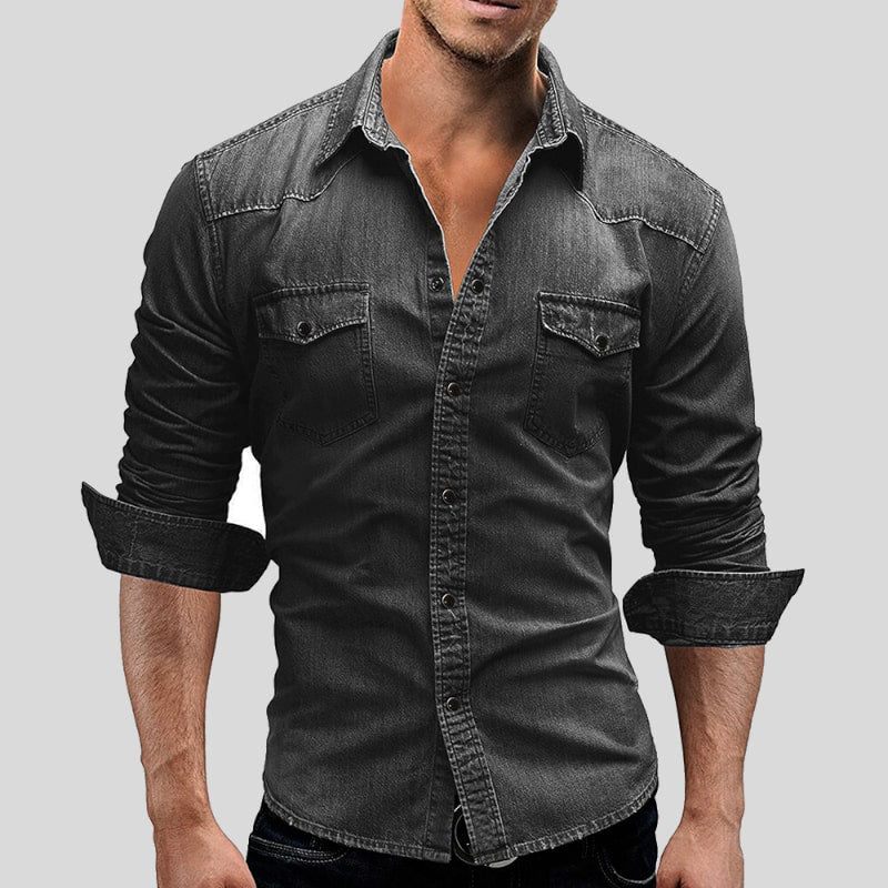 Men’s Vintage Denim Shirt – Long Sleeve Button Down Collar