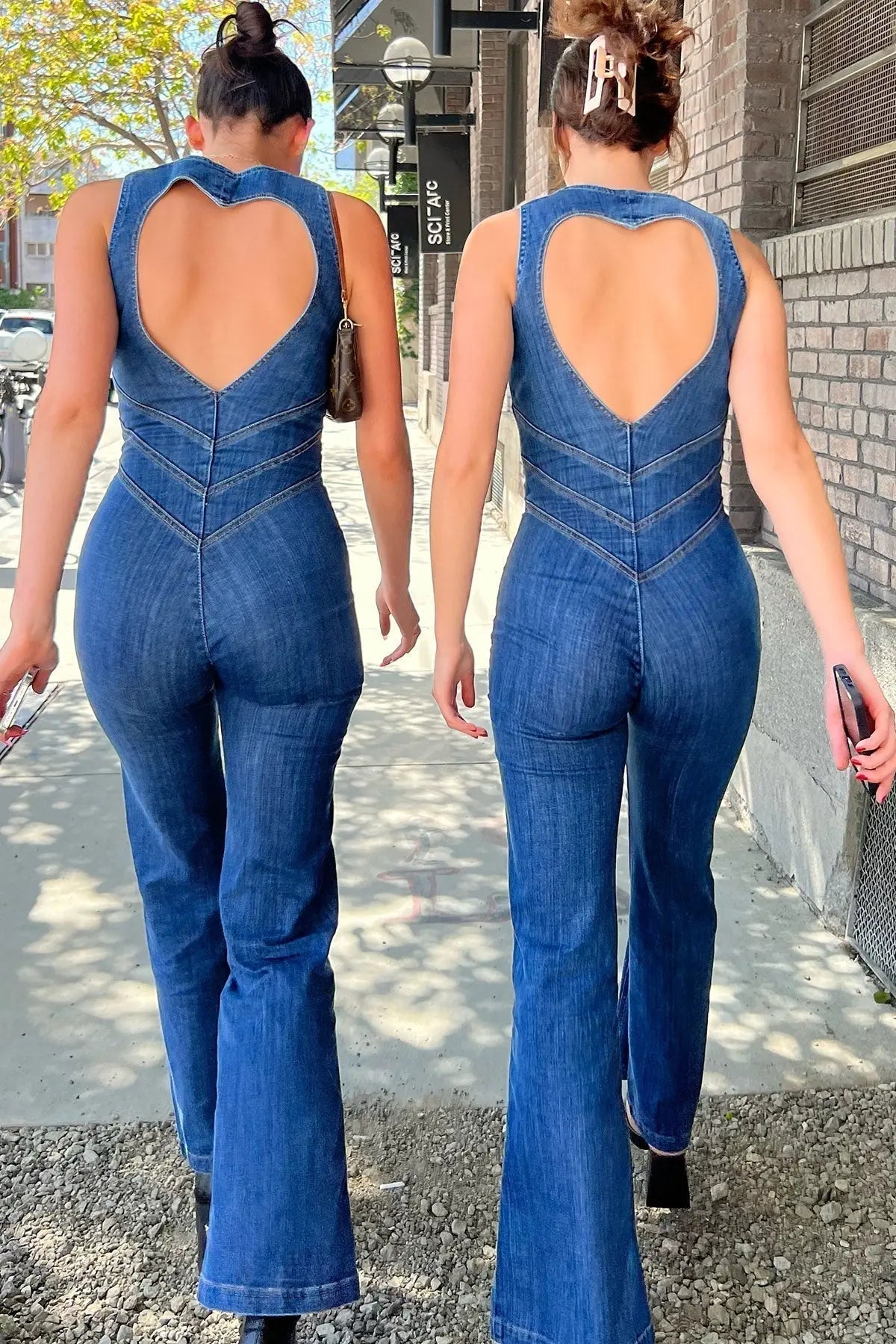 Women’s Flared Leg Jumpsuit – Denim Plunge Neck One-Piece