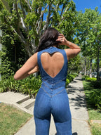 Women’s Flared Leg Jumpsuit – Denim Plunge Neck One-Piece