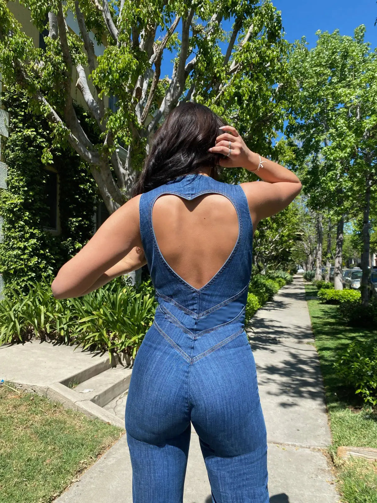 Women’s Flared Leg Jumpsuit – Denim Plunge Neck One-Piece