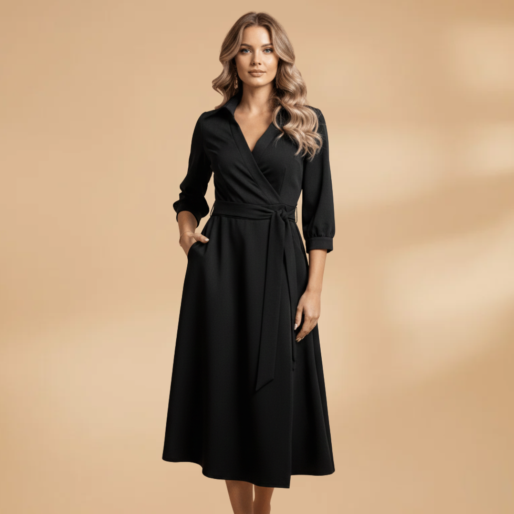 Women's Long-Sleeve Wedding Guest Dress - V-Neck and Bow Pockets Style