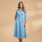 Women's Long-Sleeve Wedding Guest Dress - V-Neck and Bow Pockets Style
