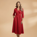 Women's Long-Sleeve Wedding Guest Dress - V-Neck and Bow Pockets Style