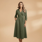 Women's Long-Sleeve Wedding Guest Dress - V-Neck and Bow Pockets Style