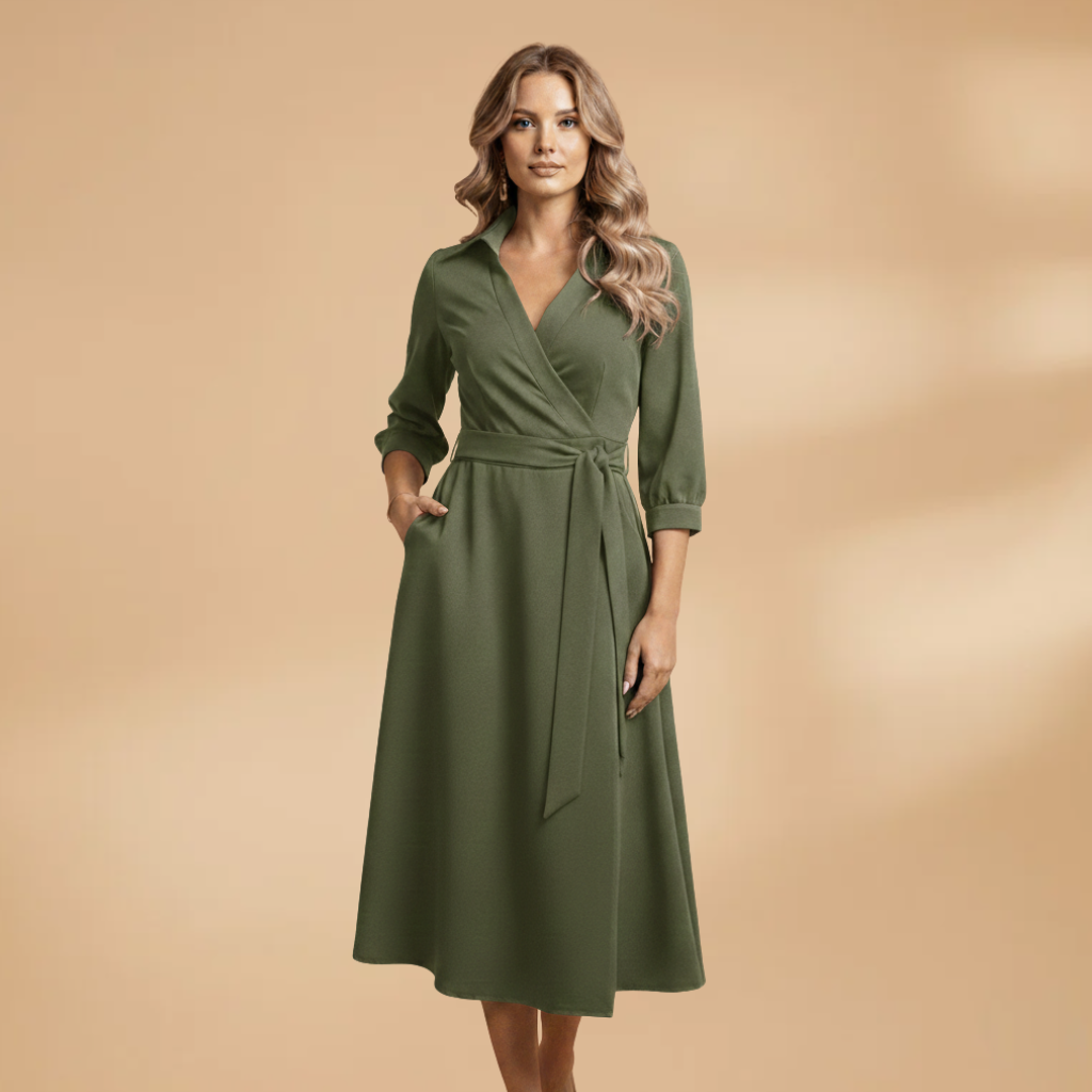 Women's Long-Sleeve Wedding Guest Dress - V-Neck and Bow Pockets Style