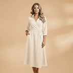 Women's Long-Sleeve Wedding Guest Dress - V-Neck and Bow Pockets Style