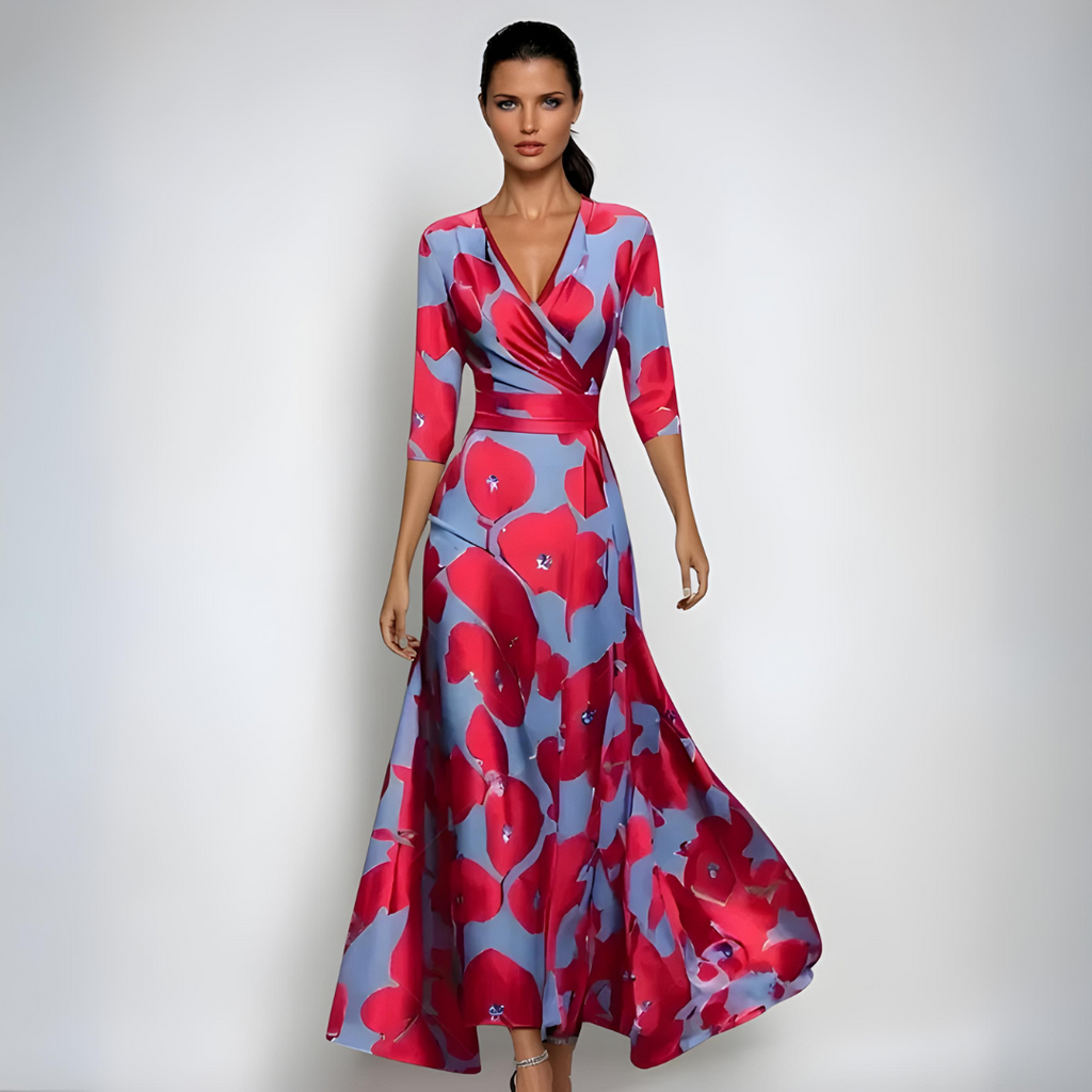Women’s Printed Floral Dress - Long V-Neck Wrap Maxi Dress