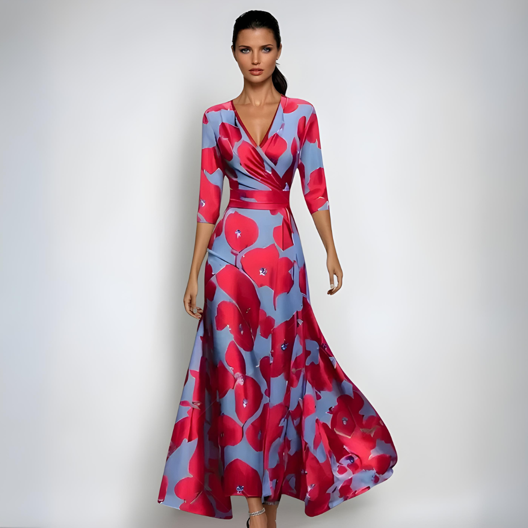 Women’s Printed Floral Dress - Long V-Neck Wrap Maxi Dress