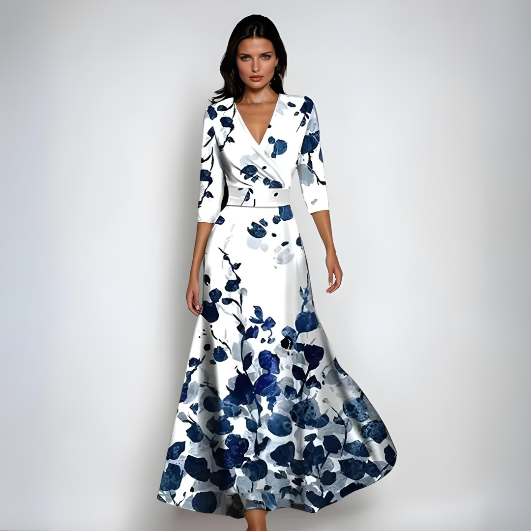 Women’s Printed Floral Dress - Long V-Neck Wrap Maxi Dress