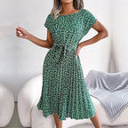 Women Floral Summer Midi Dress - Short Sleeve Belted Pleated Dress