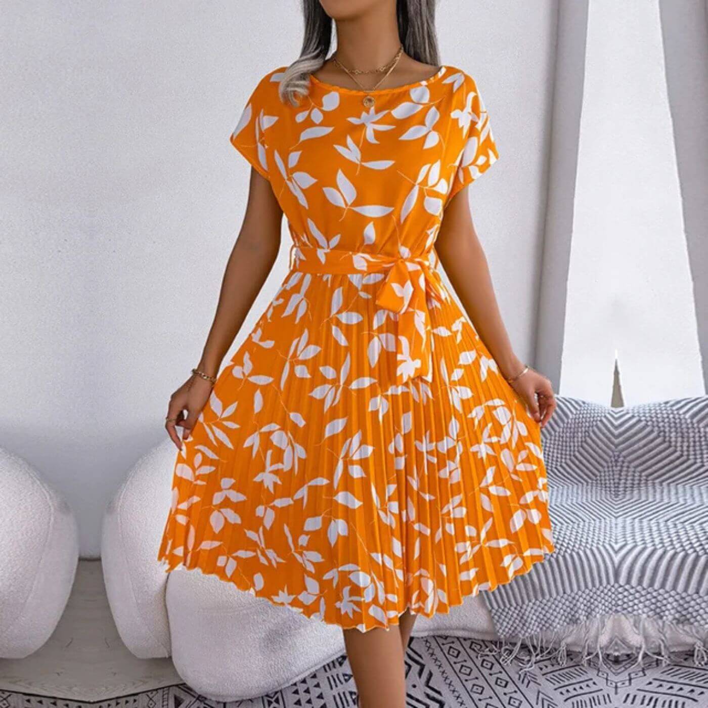 Women Floral Summer Midi Dress - Short Sleeve Belted Pleated Dress