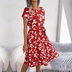 Women Floral Summer Midi Dress - Short Sleeve Belted Pleated Dress