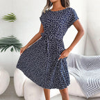 Women Floral Summer Midi Dress - Short Sleeve Belted Pleated Dress