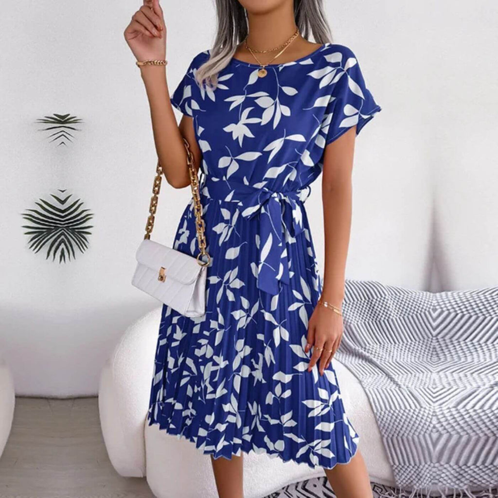 Women Floral Summer Midi Dress - Short Sleeve Belted Pleated Dress