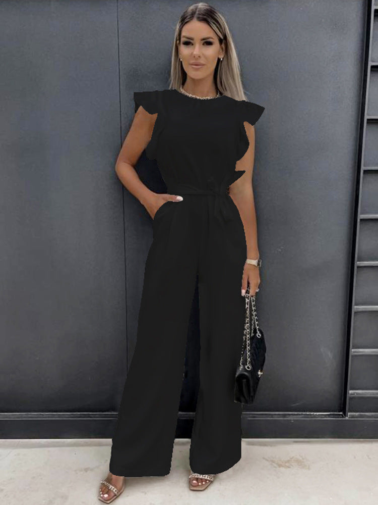 Women’s Belted Jumpsuit – Ruffle Sleeve One-Piece Summer Outfit