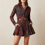 Women’s Country Plaid Shirt Dress – Cowgirl Mini Length Belted Casual Dress