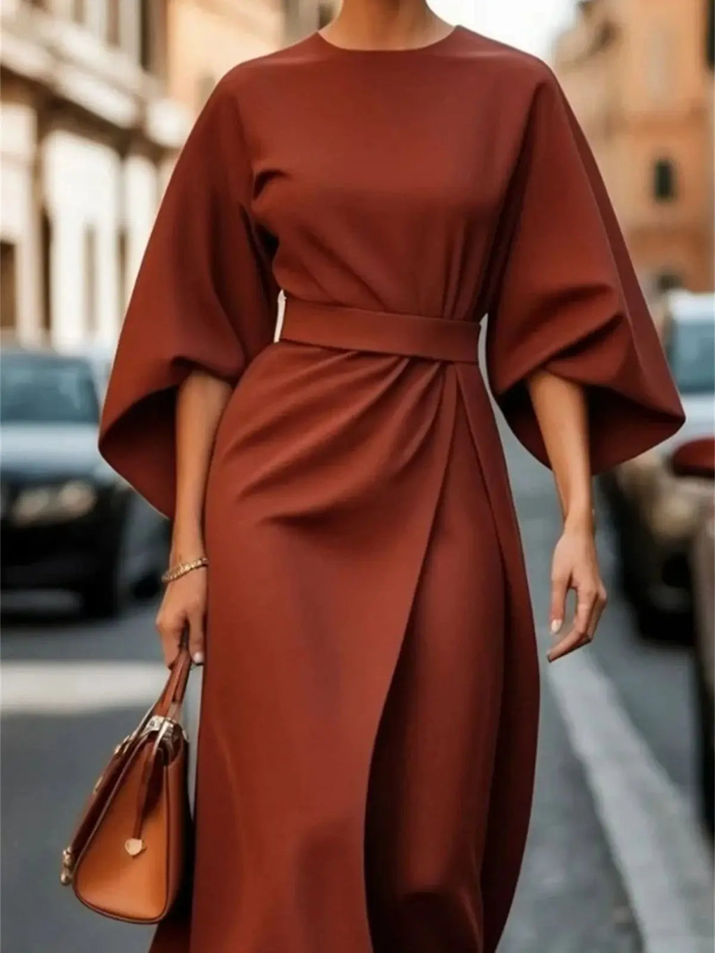 Women’s Formal Midi Dress – Long Lantern Sleeve Design