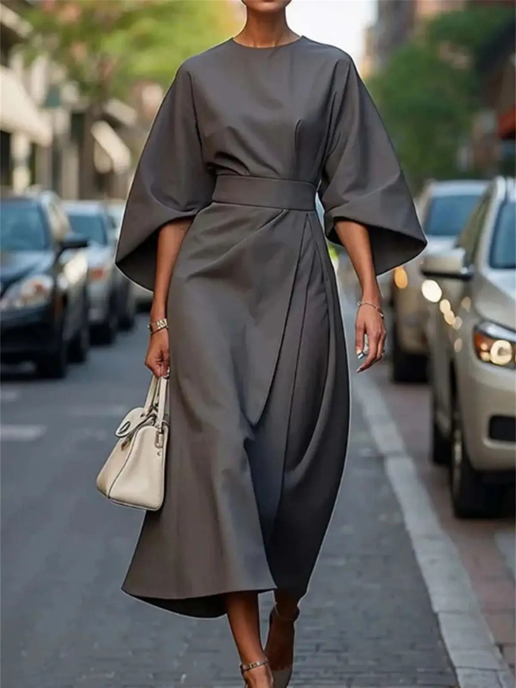 Women’s Formal Midi Dress – Long Lantern Sleeve Design