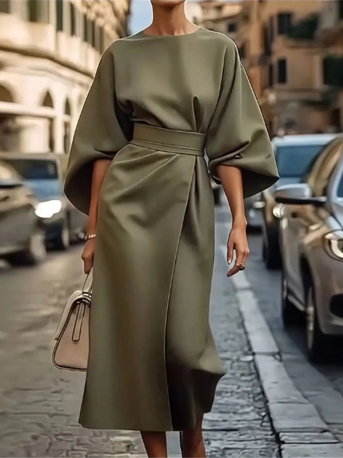 Women’s Formal Midi Dress – Long Lantern Sleeve Design