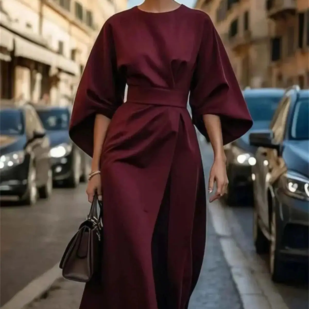 Women’s Formal Midi Dress – Long Lantern Sleeve Design