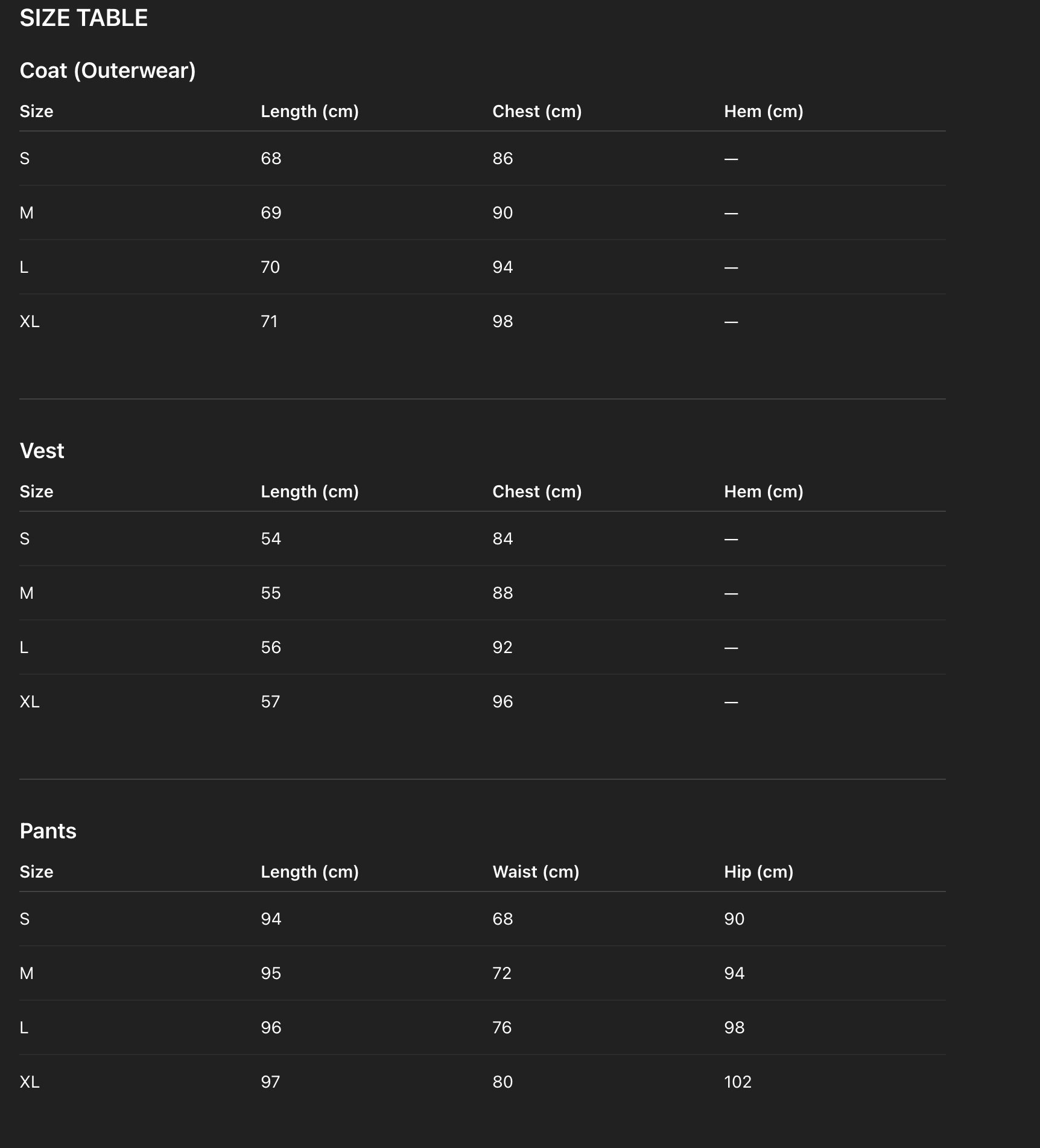 Size Chart