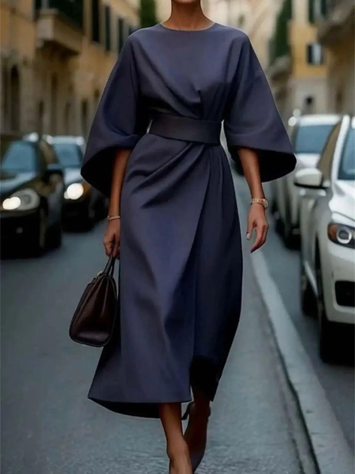 Women’s Formal Midi Dress – Long Lantern Sleeve Design