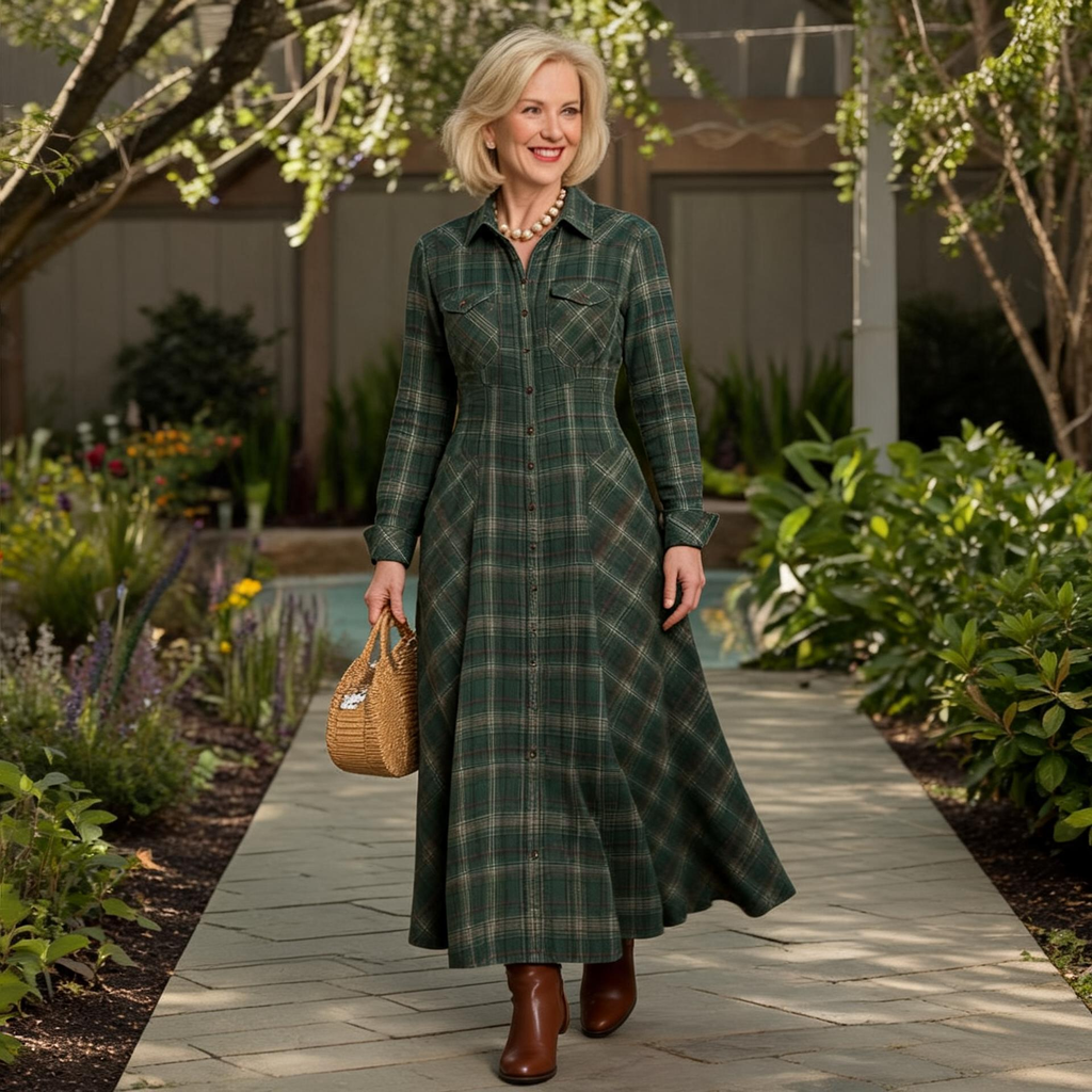 Women's Maxi Dress - Checkered Design with Pockets