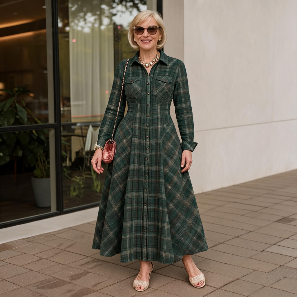 Women's Maxi Dress - Checkered Design with Pockets