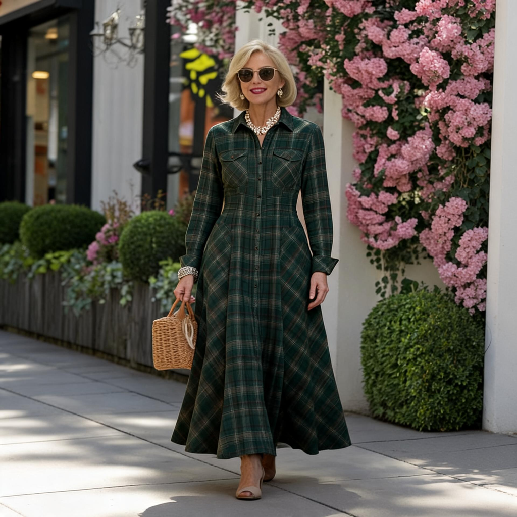 Women's Maxi Dress - Checkered Design with Pockets