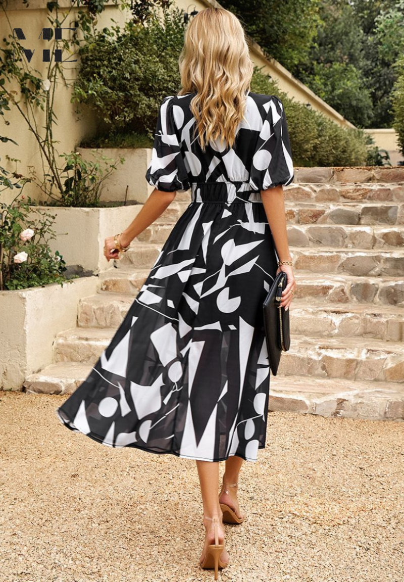 Women's Elegant Floral Midi Dress - Puff Sleeves Summer Outfit